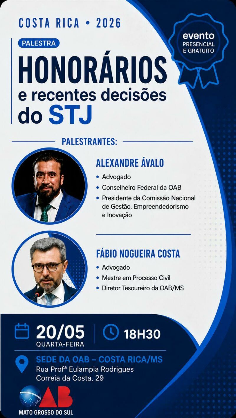 Ilustração da notícia OAB de Costa Rica promove palestra gratuita sobre honorários e decisões recentes do STJ